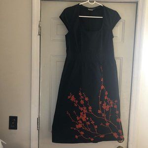 Eshakti Navy and Orange Floral-embellished A-Line Poplin Dress